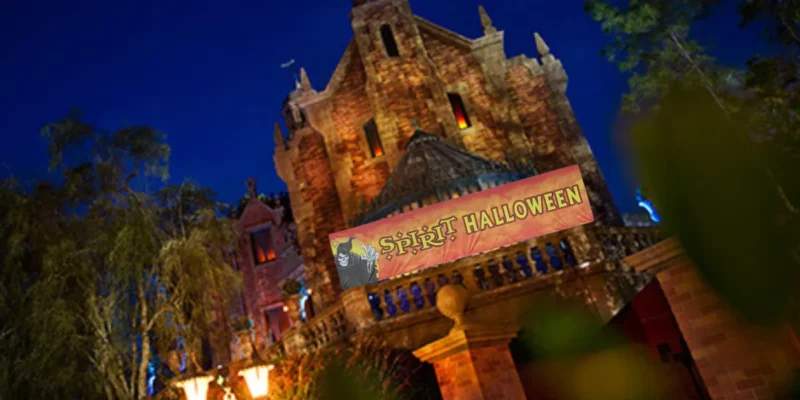 A Spirit Halloween sign on the Haunted Mansion