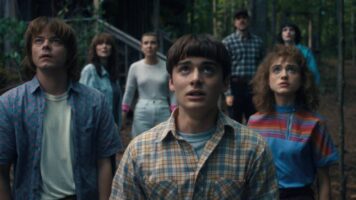 Will Byer and the rest of the Hawkins team of heroes look up as a storm approaches their hometown at the end of season 4 of Stranger Things.