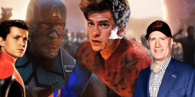 Andrew Garfield with Kevin Feige, Tom Holland and the Avengers
