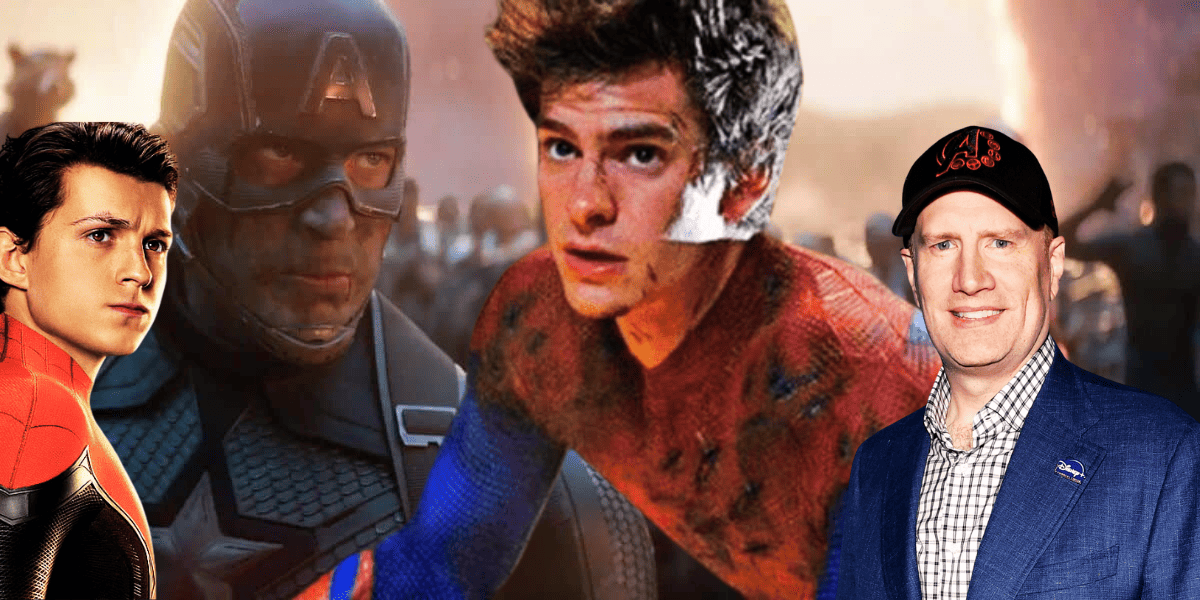 Andrew Garfield with Kevin Feige, Tom Holland and the Avengers