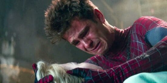 Andrew Garfield crying over Emma Stone in The Amazing Spider-Man 2