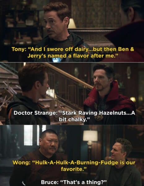 Scene from Avengers: Infinity War describing Ben & Jerry's flavors