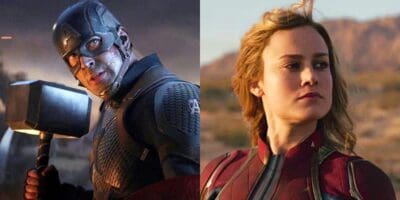 Captain America (Chris Evans) and Captain Marvel (Brie Larson) side by side