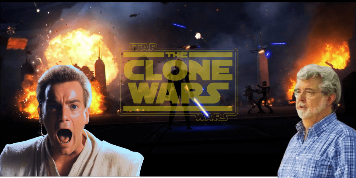 Obi-Wan Kenobi with George Lucas with the Star Wars: The Clone Wars background
