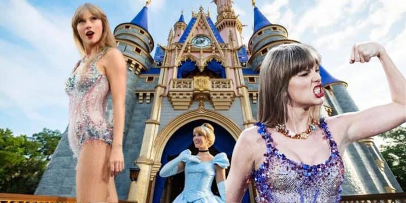 Multiple photos of Taylor Swift overlaid on Cinderella Castle