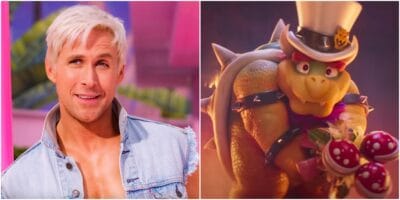 Ryan Gosling as Ken in Barbie, Bowser holding flowers in The Super Mario Bros. Movie
