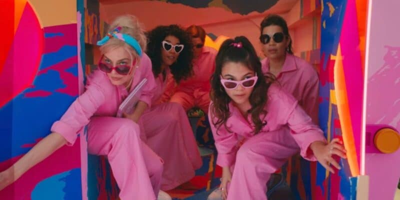 Barbie cast sneaks into Kenland dressed in all pink