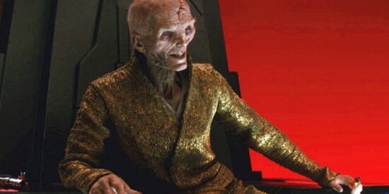 Supreme Leader Snoke from Star Wars The Last Jedi smiling in his throne on a red background