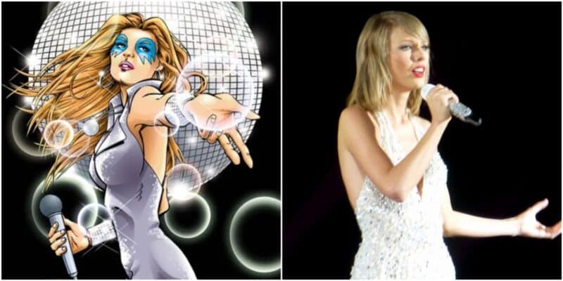 Dazzler performing in front of a disco ball, Taylor Swift singing on a black background