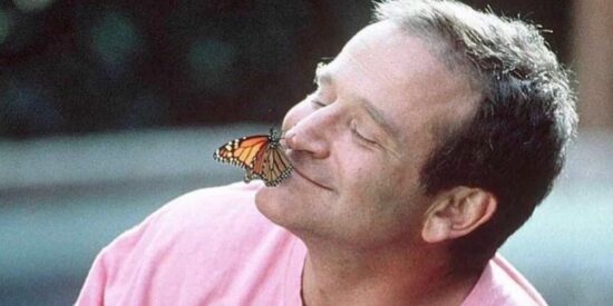 Robin Williams wearing a pink shirt with a monarch butterfly on his nose in Jack