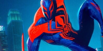 Spider-Man 2099 hanging in a city skyline during Across the Spider-Verse