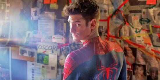 Andrew Garfield as Peter Parker/Spider-Man looking back from a conspiracy board covered in articles, pictures, and red yarn