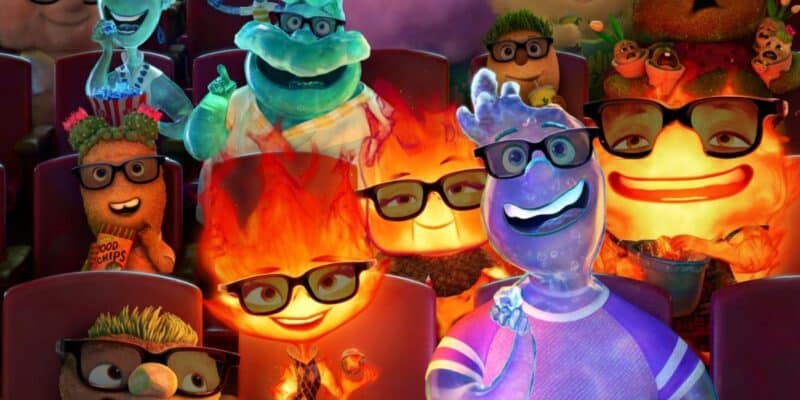 Cast of Elemental enjoying a movie in a theater, all wearing sunglasses