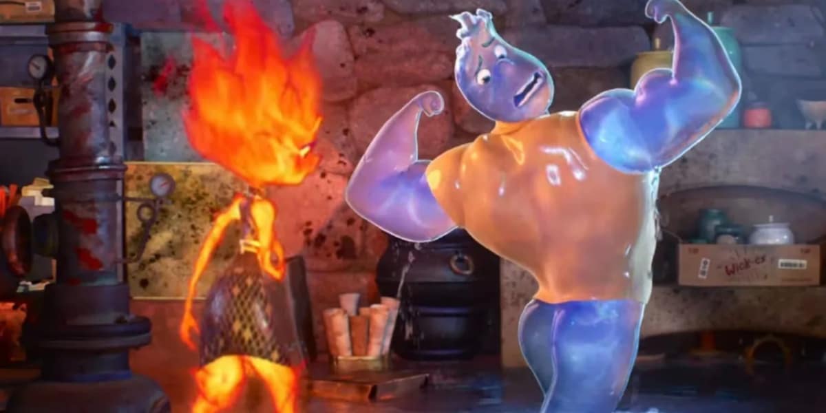 Wade flexing in front of Ember in Elemental