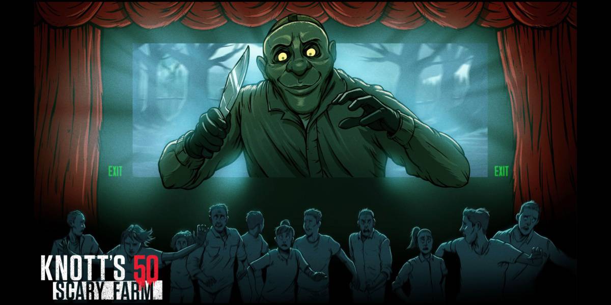 A serial killer coming out of a movie screen and attacking the audience for the Cinema Slasher maze at Knot's Scary Farm
