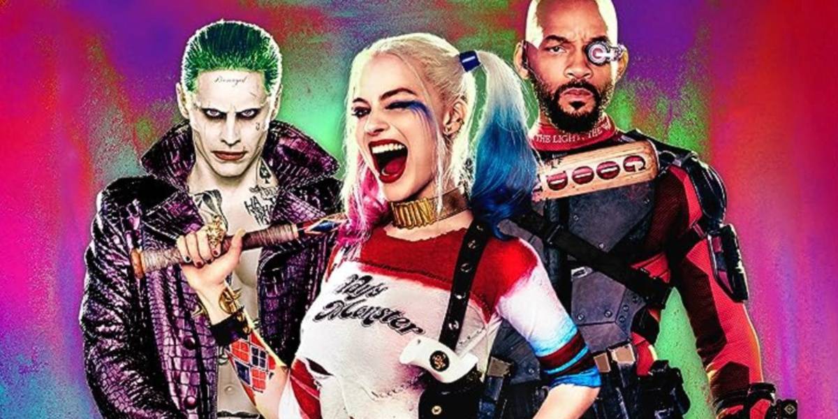 Jared Leto's Joker, Margot Robbie's Harley Quinn, and Will Smith's Deadshot on a multi-colored neon background for Suicide Squad
