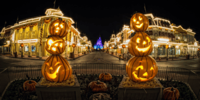A carved pumpkin arrangement for Halloween on Main Street at Disney World