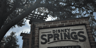 The image shows a sunlit sign reading "Disney Springs" mounted on a brick structure with a large tree and a wooden beam overhead, set against a clear sky at this Disney World location.