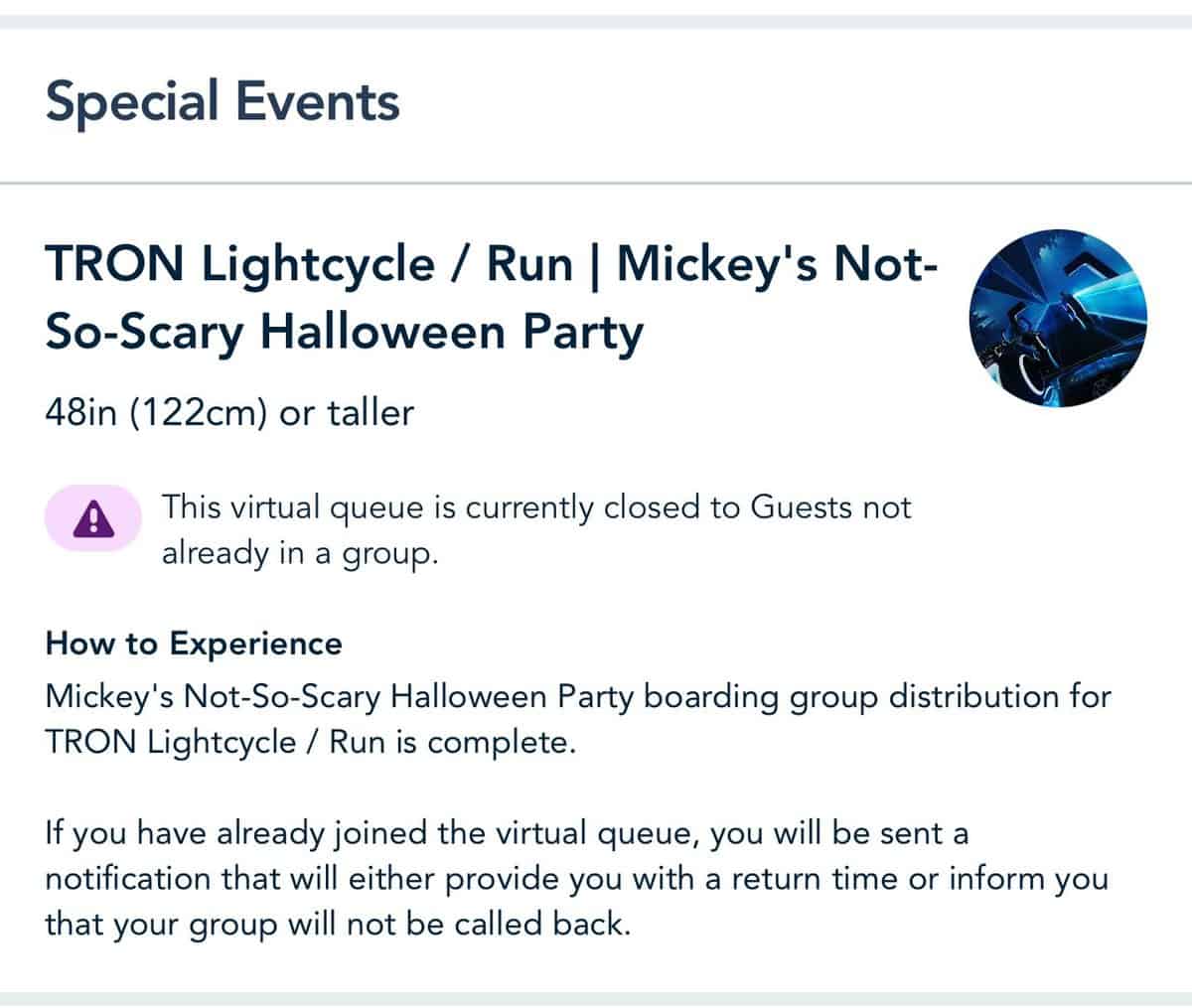 A screenshot of the official Disney World website showing the queue for Tron Lightcycle / Run closing down only seconds after opening inside Magic Kingdom during Mickey's Halloween Party