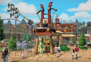 An artists concept of what appears to be How To Train Your Dragon Land coming to Universal Orlando Epic Universe in 2025.