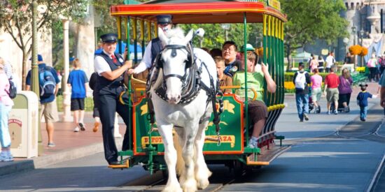 Horse pulls the car down Main Street, U.S.A. at Disneyland