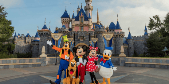 Characters in front of Sleeping Beauty Castle