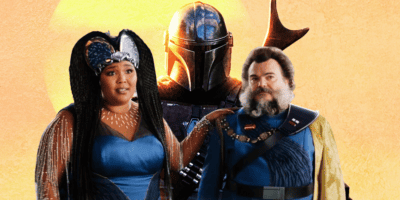 Lizzo and Jack Black in The Mandalorian with Mando in the backdrop