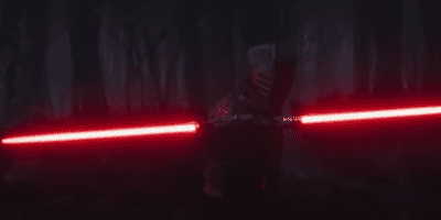 Marrok wielding his red lightsaber in the forest against Ahsoka Tano.