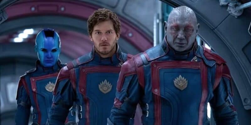 Nebula, Star-Lord, and Drax walk down the hallway