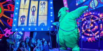 Oogie Boogie Bash at Disney California Adventure, Oogie Boogie stands in front of his gambling board