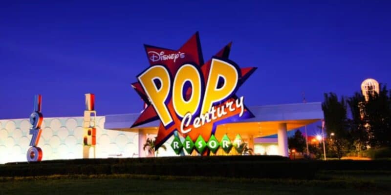 Exterior of Pop Century hotel at nighttime