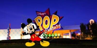 Mickey Mouse shocked next to the exterior of Pop Century