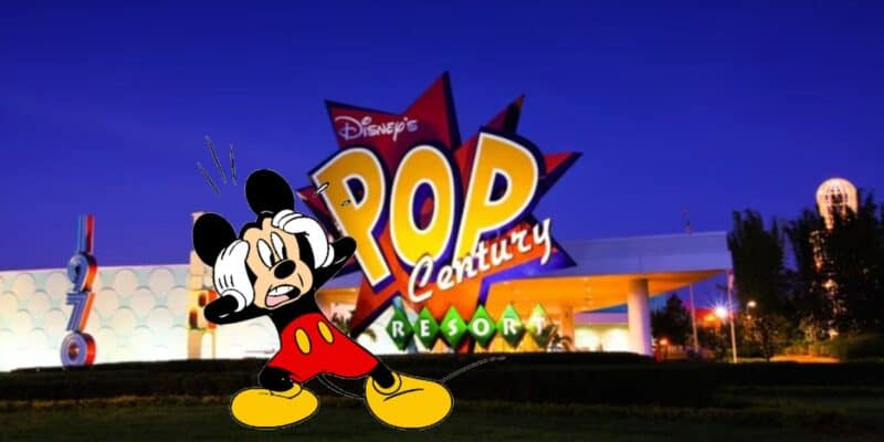 Mickey Mouse shocked next to the exterior of Pop Century