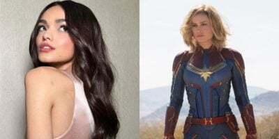 Rachel Zegler (left) and Captain Marvel (right)