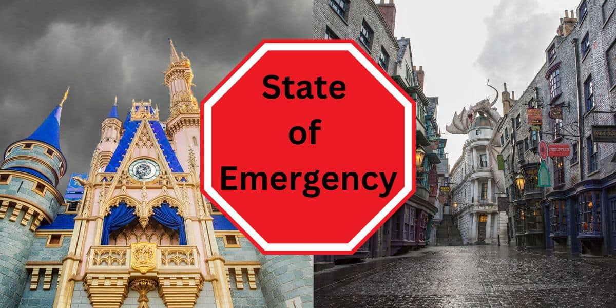 A split photo showing Walt Disney World Resort and Universal Orlando Resort with a red sign saying "state of emergency"
