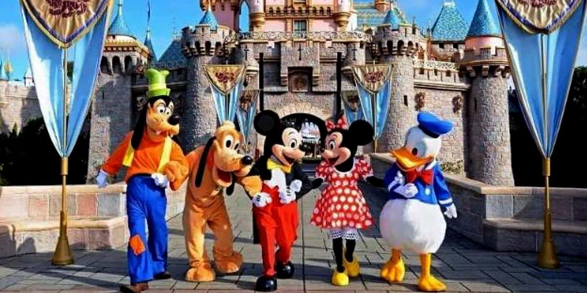 disneyland fab-five in front of Sleeping Beauty castle at this Disney park.