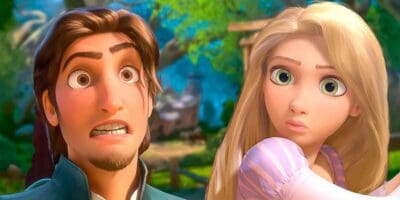 Flynn Ryder and Rapunzel looking surprised in Tangled