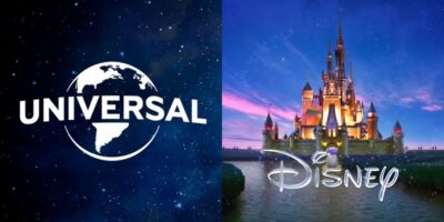 Split image comparing logos of Universal Studios and Disney: Universal's logo features a globe with the name over a starry sky, while Disney's logo shows a fairy-tale castle with "Disney" script