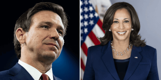 Ron DeSantis smiling, Kamala Harris smiling.