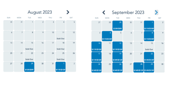 A screenshot of a calendar showing that the following dates of Mickey's Not So Scary Halloween Party are sold out: 8/11, 8/15, 8/18, 8/22, 8/25, 9/15, 10/31
