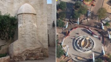 Side by side of the old "penis" shaped wall and the new 5 ring fountain in world celebration EPCOT
