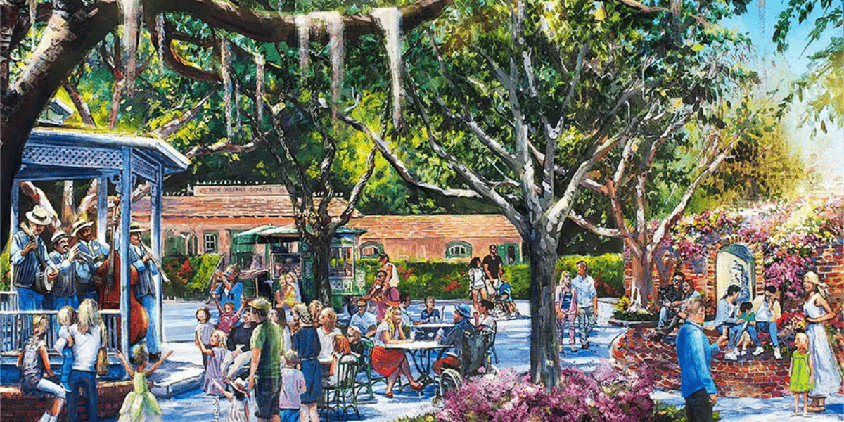 Guests enjoying a new plaza in New Orleans Square (concept art).