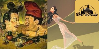Walt Disney and Salvador Dali in a surrealist painting, next to the Walt Disney logo and a picture of 'Destino'