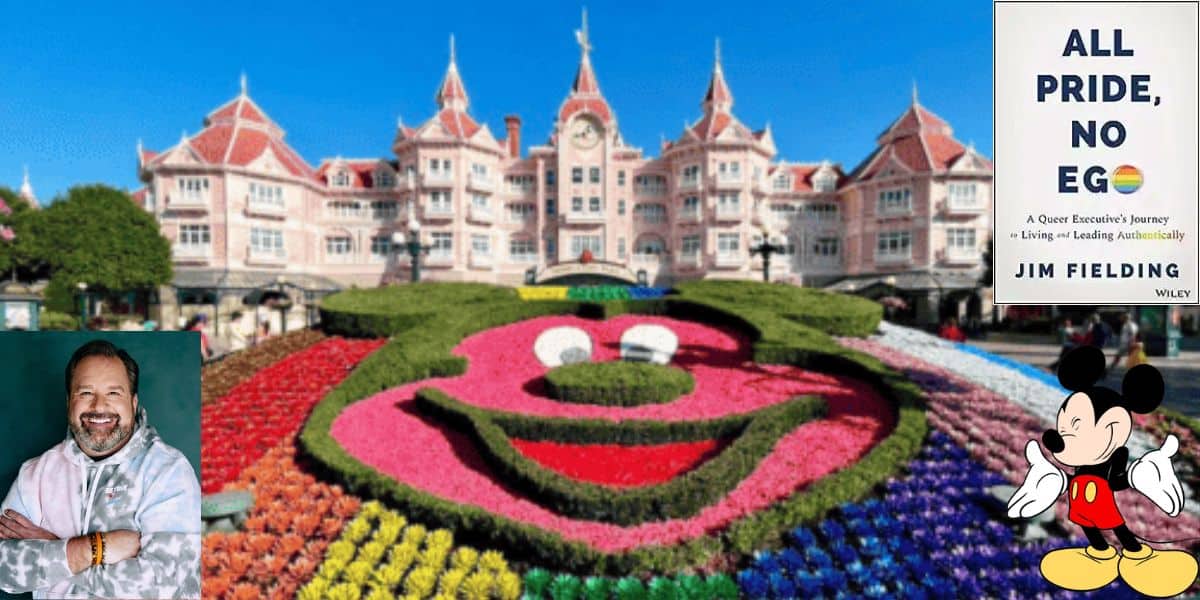 Jim Fielding left, picture of Walt Disney World pride landscaping, Mickey mouse right, below a picture of Fielding's new book