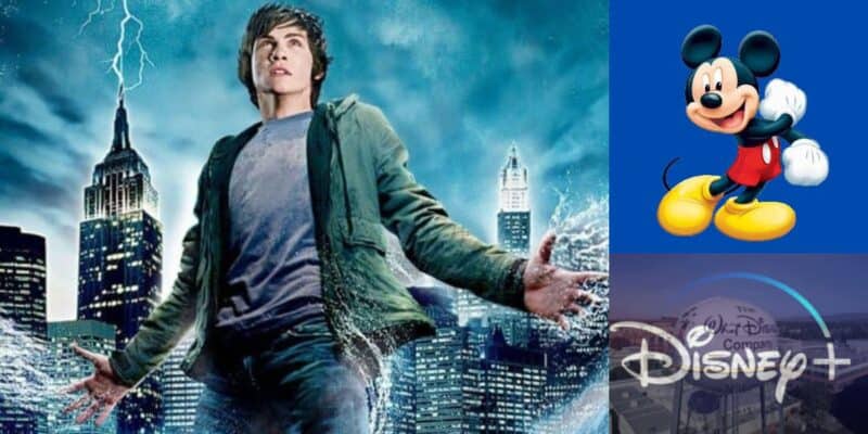 Percy Jackson on the left, next to city scape, Mickey Mouse right, above Disney logo over Epcot