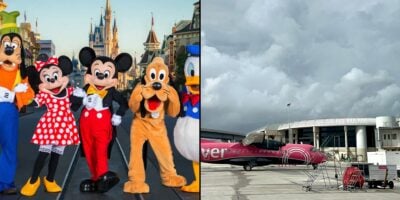 To the left: Mickey Mouse and the gang on Main Street U.S.A. To the right: An airplane prepares to take off from Tampa International Airport