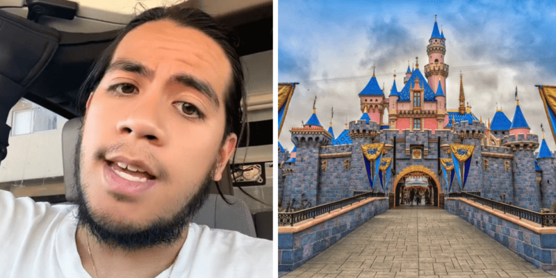 Left: A former Disney Cast Member speaking to his phone camera in his car. Right: Sleeping Beauty Castle at Disneyland Park, mid-day with a cloudy/blue sky.