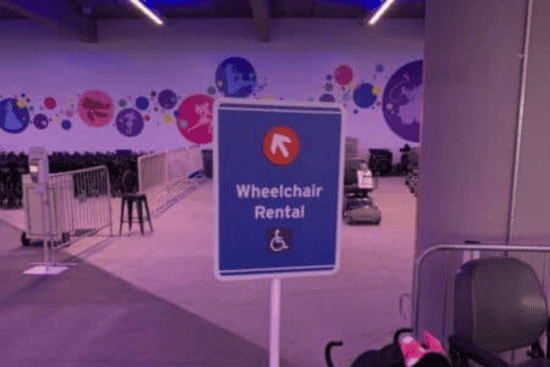 A Disneyland wheelchair rental sign, one of many Disney disability access programs.