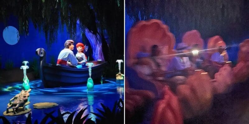 Disney's The Little Mermaid Ride at EPCOT to the left and a Disney Guest recording with the camera light on to the right