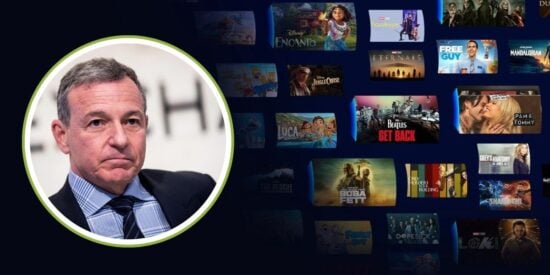Disney CEO Bob Iger in a picture frame looking disappointed while a collage of Disney+ shows and movies overtakes the image